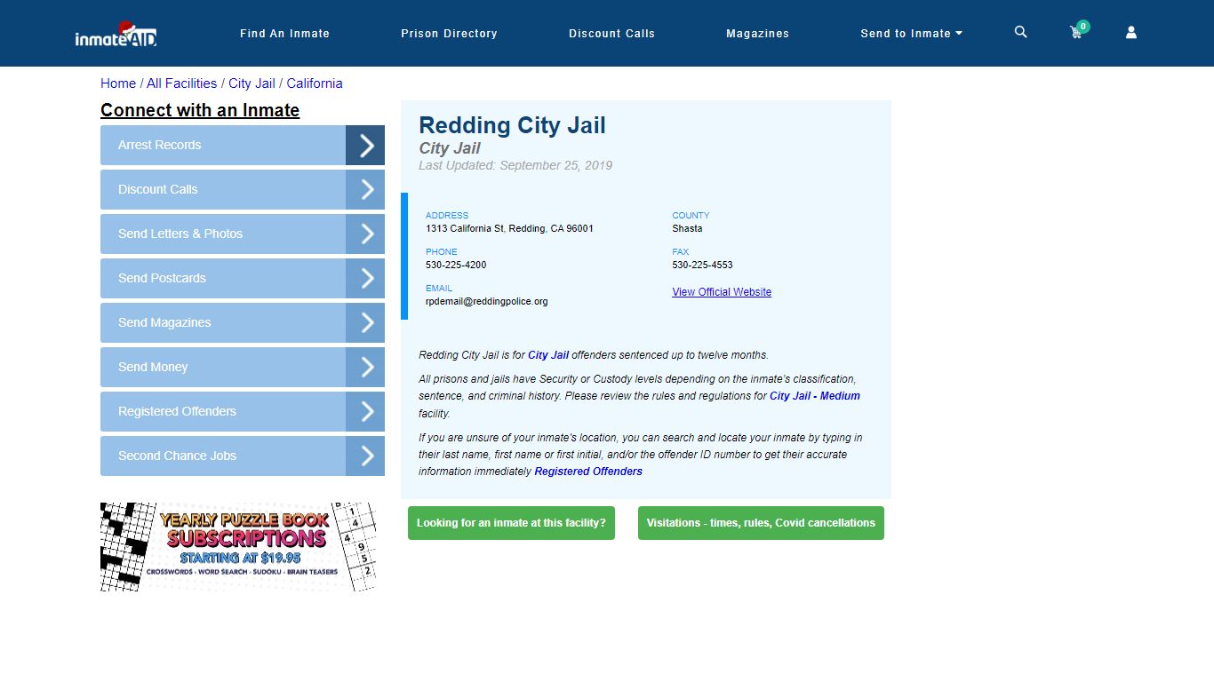 Redding City Jail | Inmate Locator